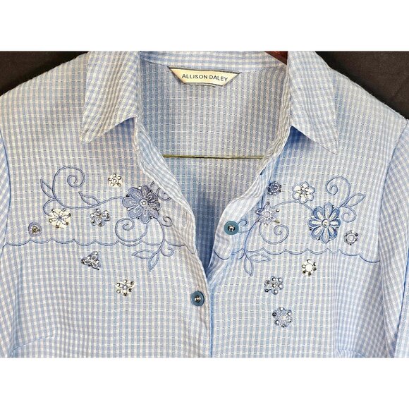 Allison Daley Blue Gingham Button-Up Shirt With Floral Embroidery 3/4 Sleeves - Picture 5 of 9